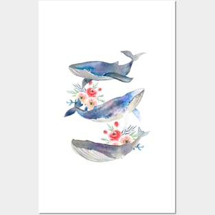 Watercolor whales and flowers Posters and Art